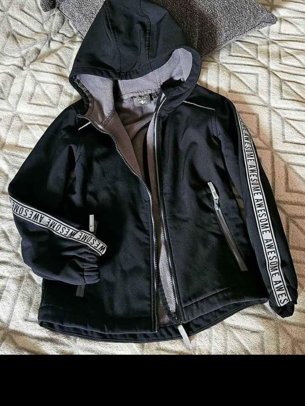 Boys Jacket.Size 7-8 Years.Black Hooded Jacket with 'Awesome' Sleeve Tape